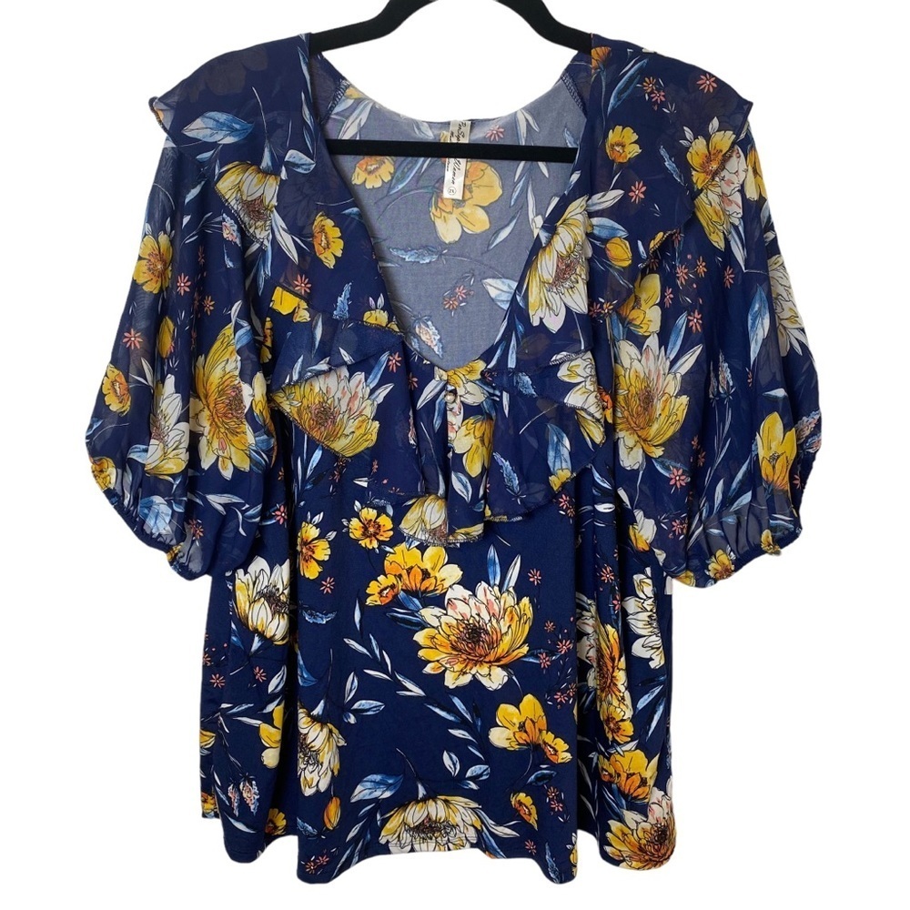 PerSeption Women Blue Balloon Sleeve Floral Ruffle Top plus size 2X